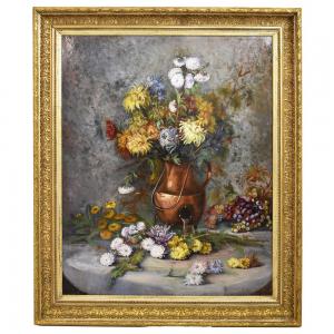  QUADRI FIORI, VASO CON DALIE E CRISANTEMI, OLIO SU TELA, DIPINTI ANTICHI DELL 800. (QF251)